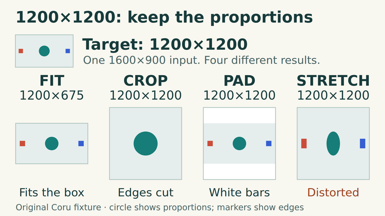 One 1600×900 image with a circle and two edge markers. Fit makes a 1200×675 image. Center crop makes 1200×1200 and removes both markers. Padding makes 1200×1200 with white bars and retains both markers. Forced resizing makes 1200×1200 and turns the circle into a tall oval.
