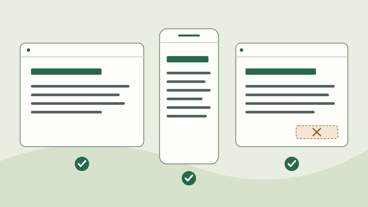 Three page outlines show the same heading and text: a wide screen, a narrow phone, and a page with its optional panel disconnected.